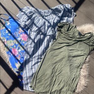 Blue Floral Slip, Blue Striped Off-Shoulder Dress, Olive Green Tee Dress